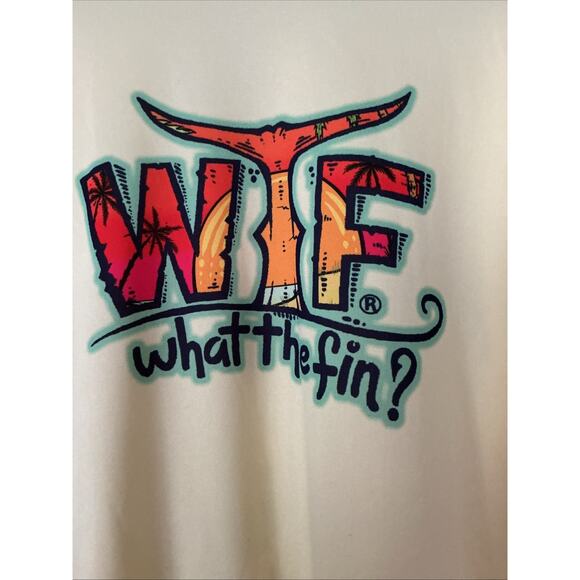 WHAT THE FIN? Shirt Mens Large Yellow UPF 50 Beach Turtle Performance Rashguard - Picture 2 of 9